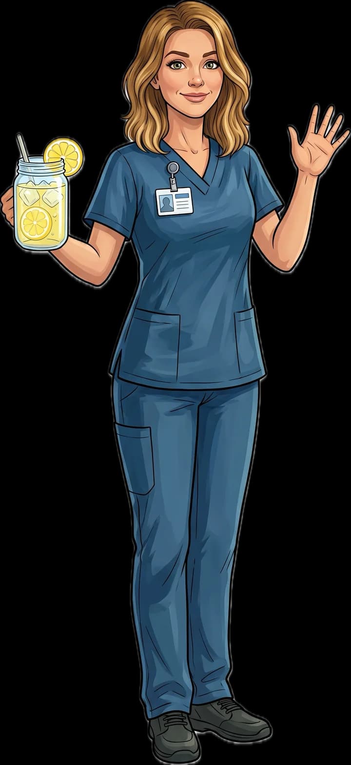 Jo, RN, waving with lemon water